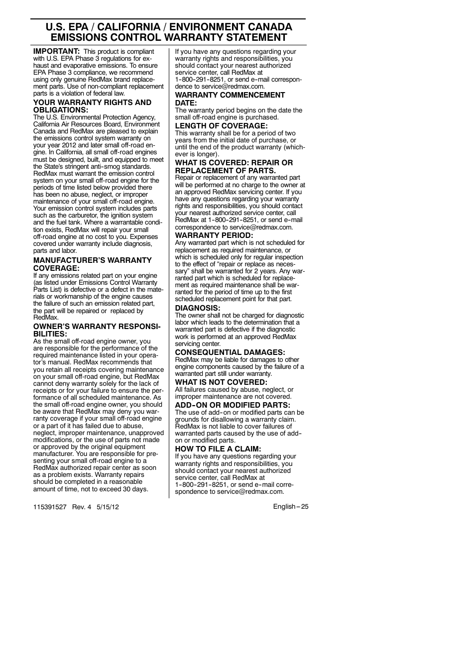 RedMax BC280 User Manual | Page 25 / 26