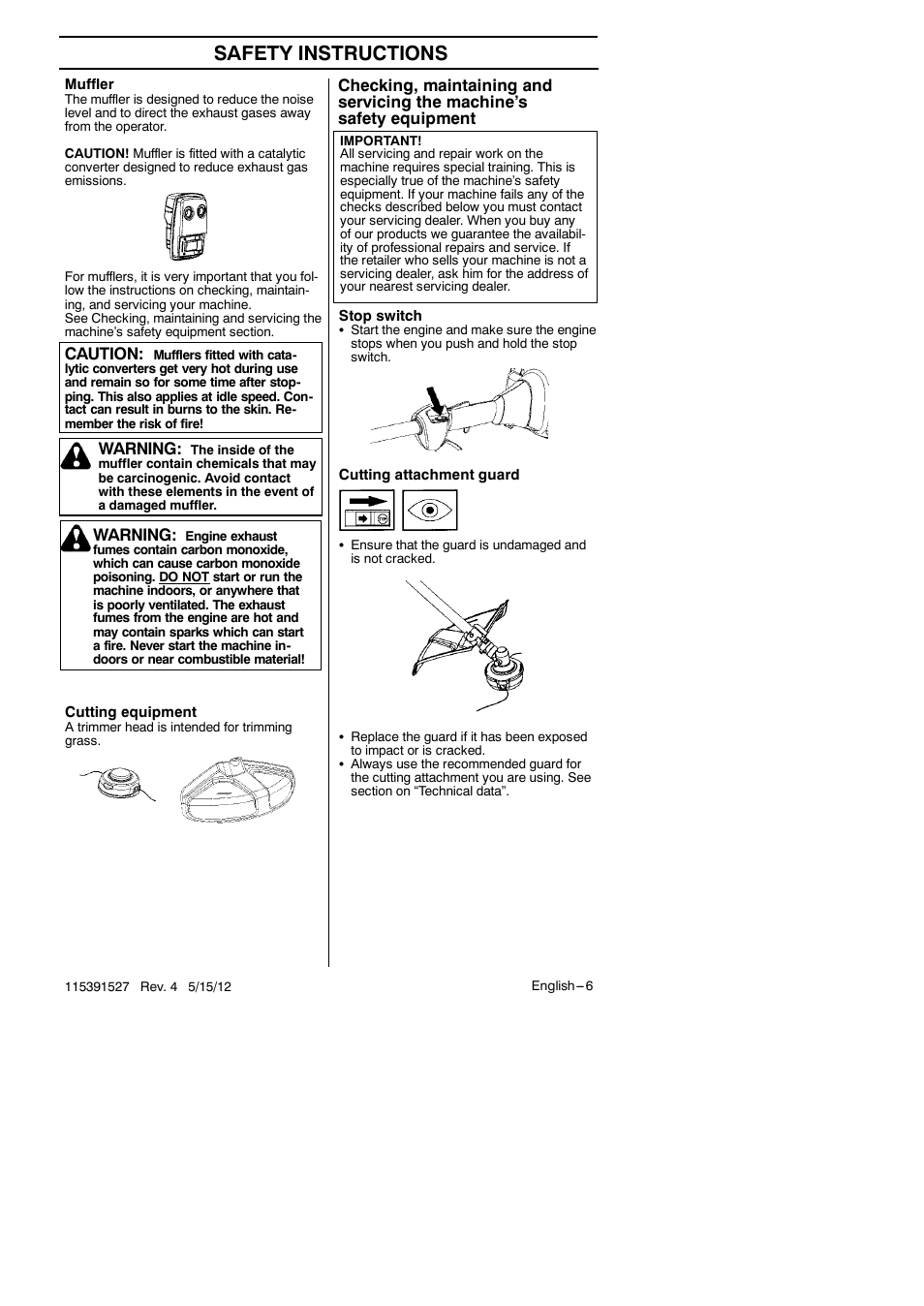 Safety instructions, Warning, Caution | RedMax BC280 User Manual | Page 6 / 26