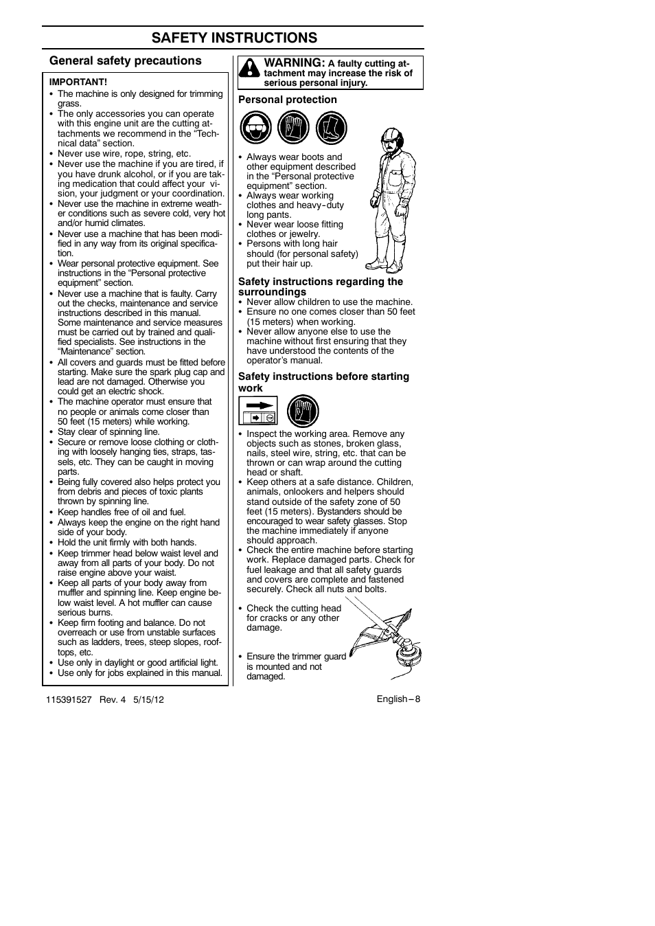 Safety instructions, General safety precautions, Warning | RedMax BC280 User Manual | Page 8 / 26