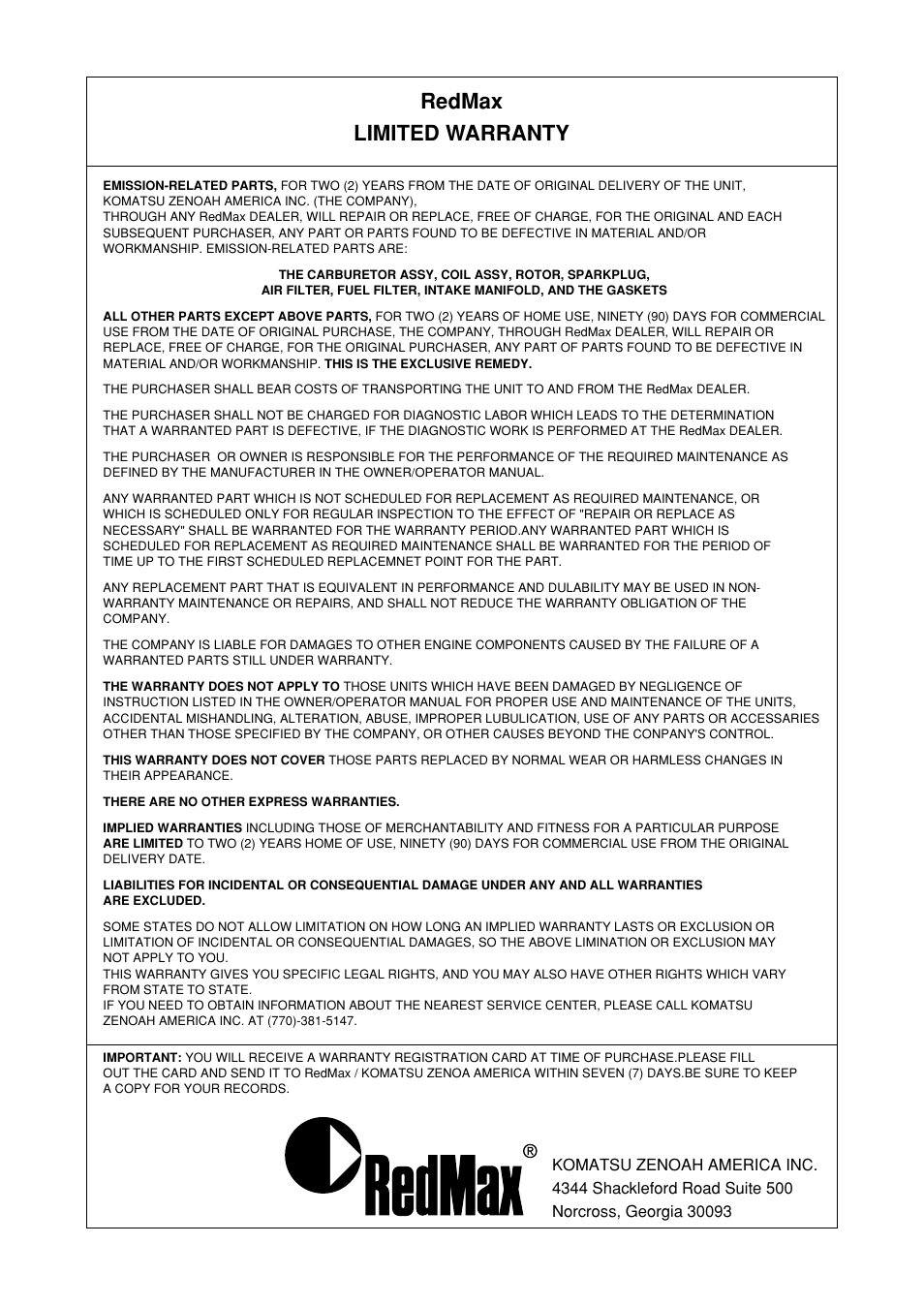 Redmax limited warranty | RedMax BC250 User Manual | Page 31 / 32