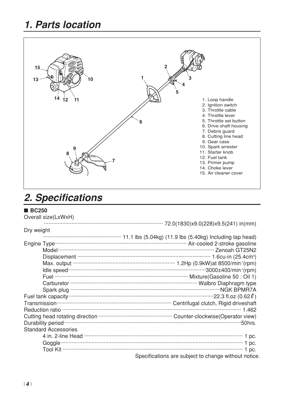 Specifications, Parts location | RedMax BC250 User Manual | Page 4 / 32