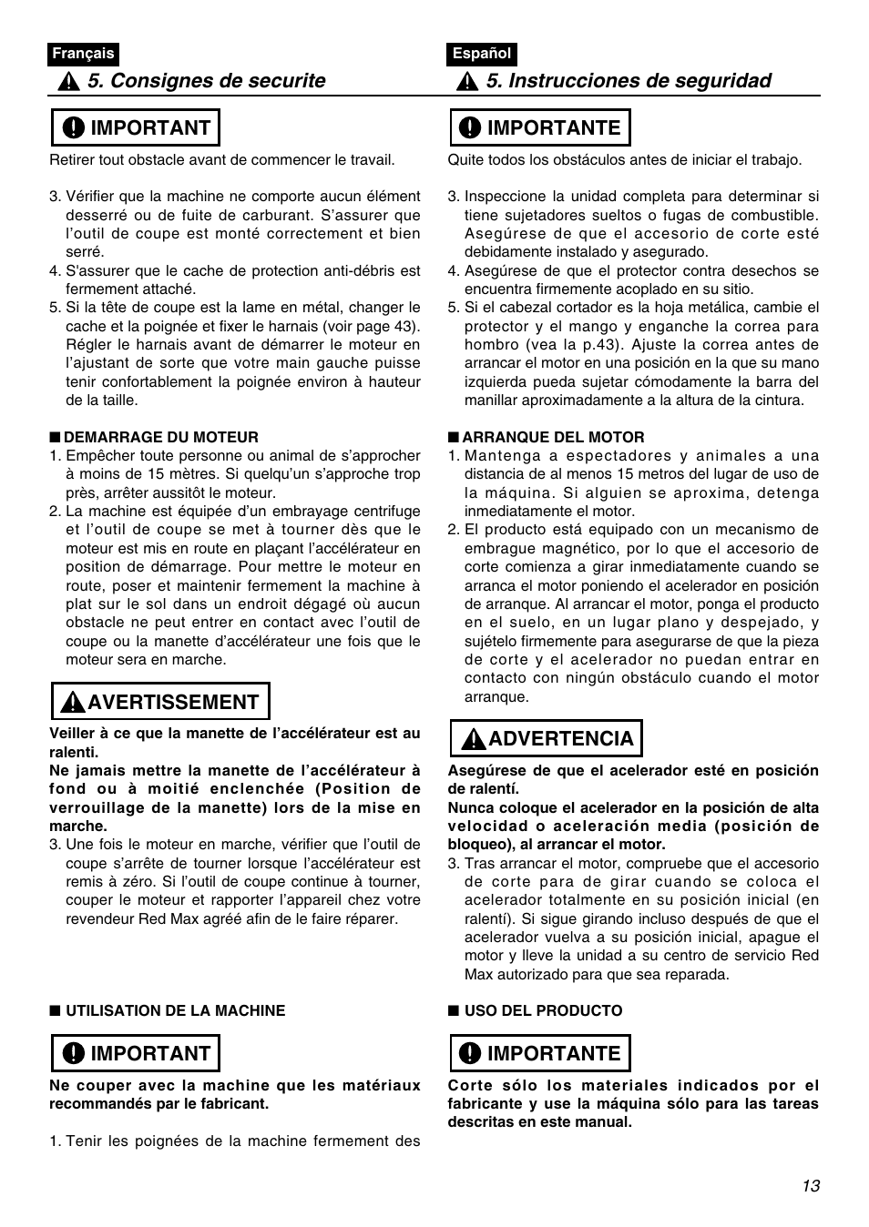 Important avertissement important | RedMax BCZ2401S User Manual | Page 13 / 64