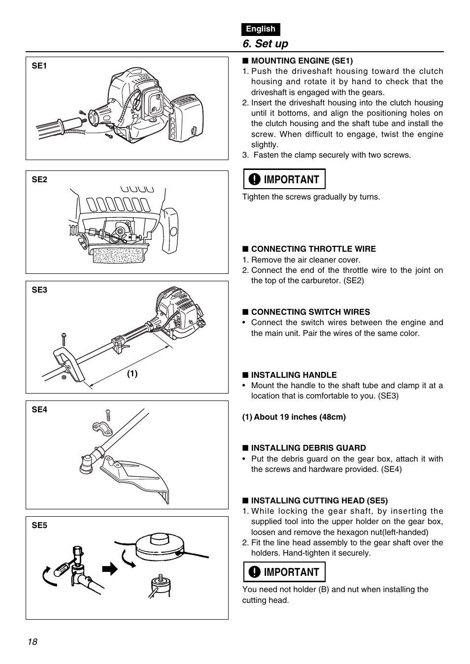 Set up, Important | RedMax BCZ2401S User Manual | Page 18 / 64