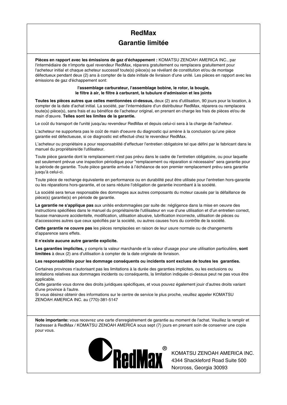 Redmax garantie limitée | RedMax BCZ2401S User Manual | Page 60 / 64
