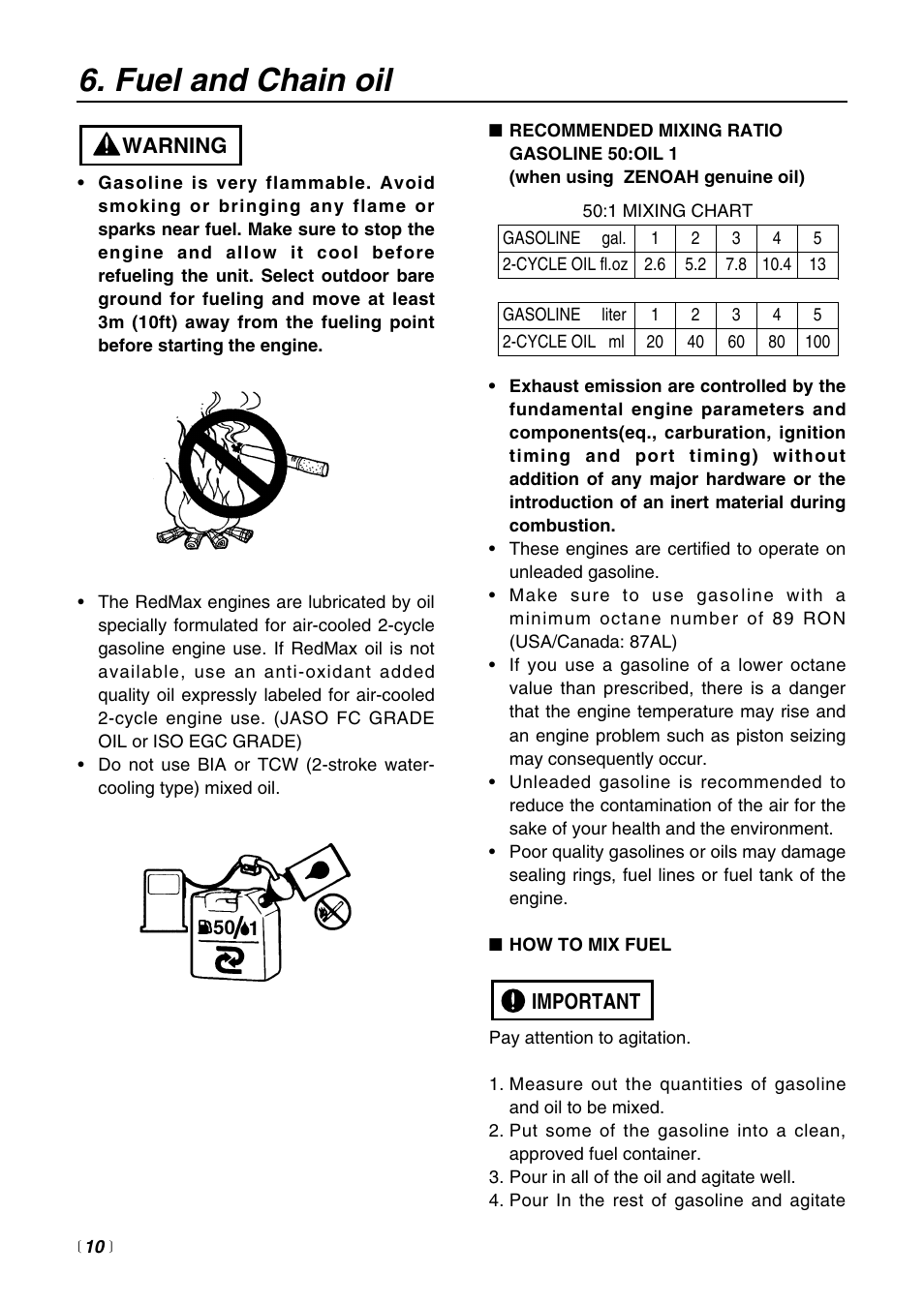 Fuel and chain oil, Important, Warning | RedMax G3800AVS User Manual | Page 10 / 36