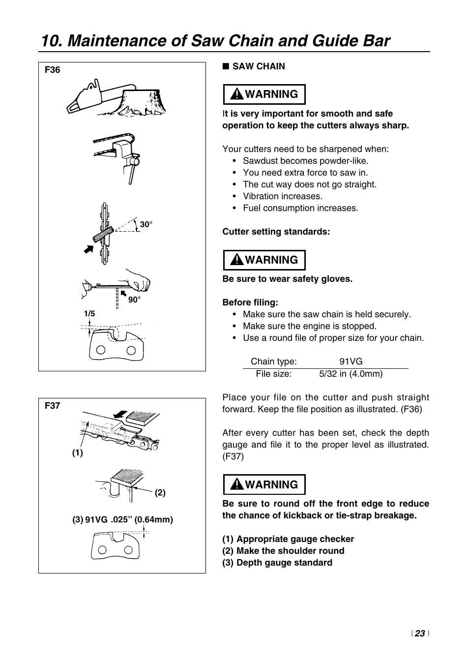 Maintenance of saw chain and guide bar | RedMax G3800AVS User Manual | Page 23 / 36