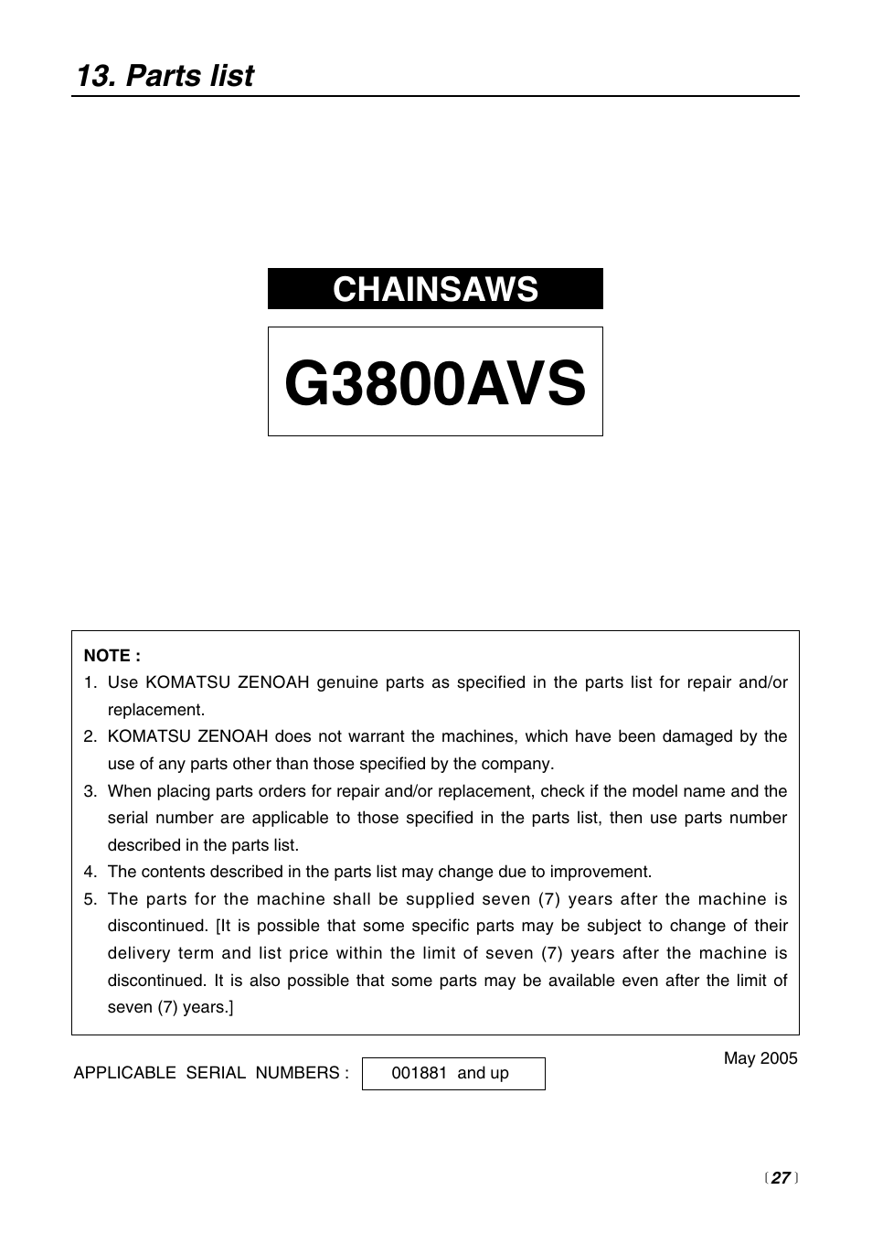 G3800avs, Chainsaws, Parts list | RedMax G3800AVS User Manual | Page 27 / 36