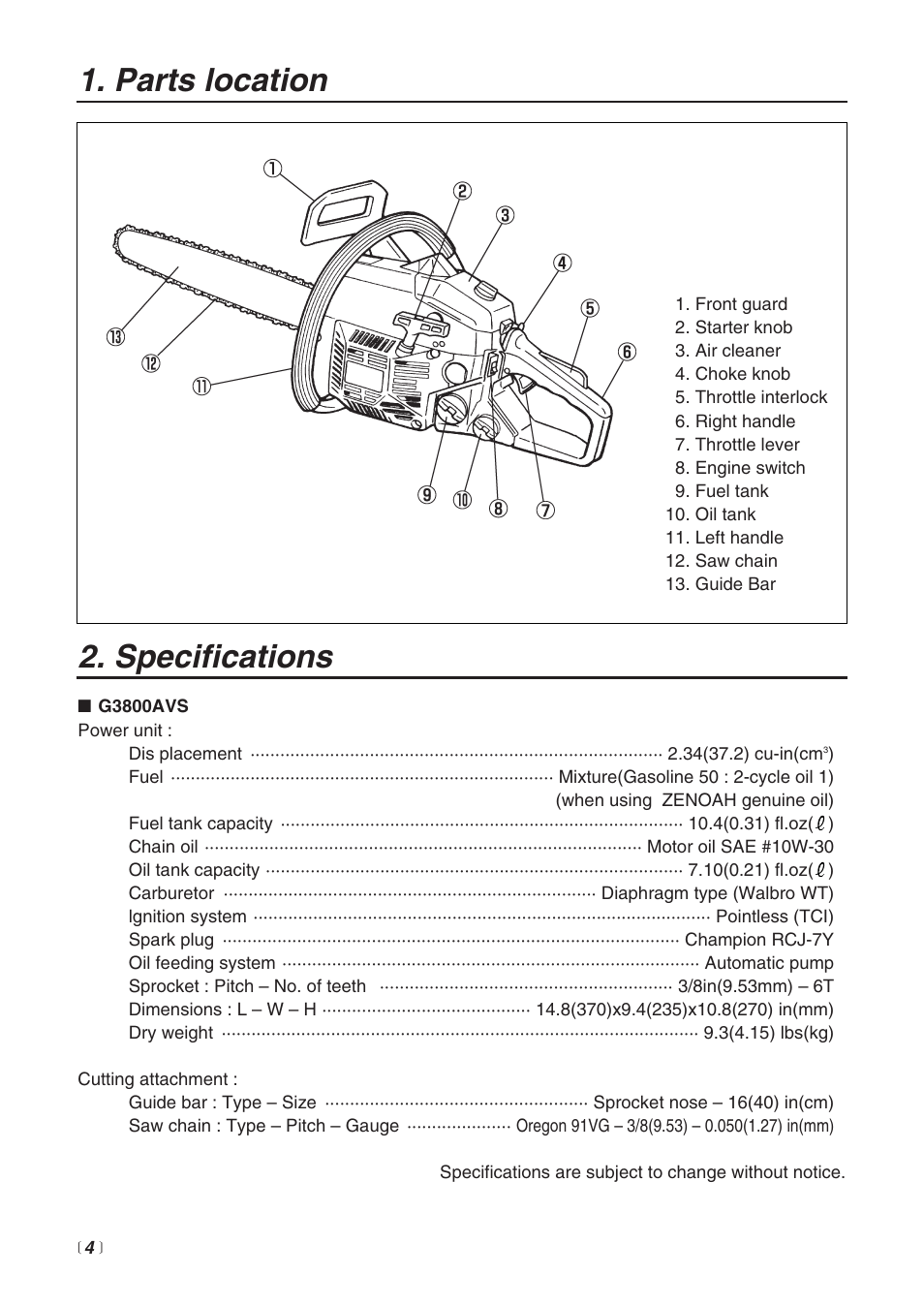 Specifications, Parts location | RedMax G3800AVS User Manual | Page 4 / 36