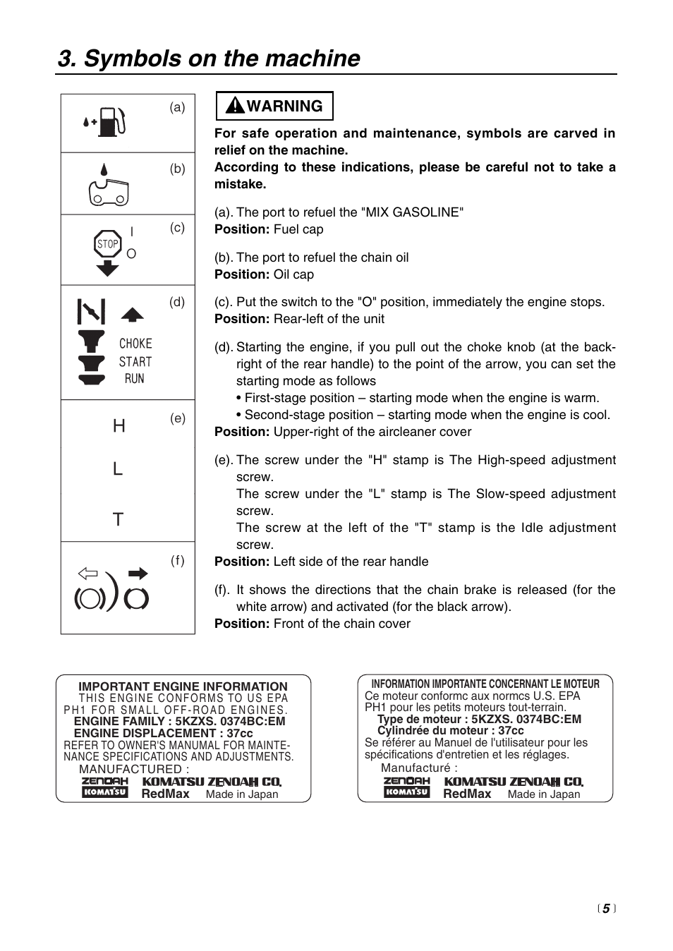 Symbols on the machine, Warning | RedMax G3800AVS User Manual | Page 5 / 36