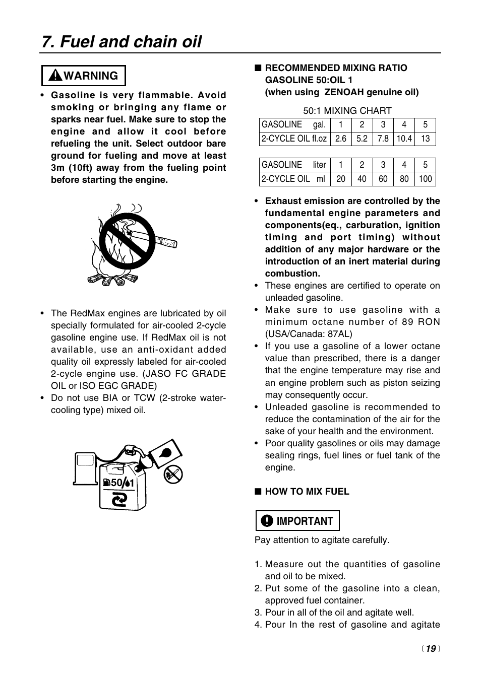 Fuel and chain oil, Important, Warning | RedMax EXZ2401S-BC User Manual | Page 19 / 60