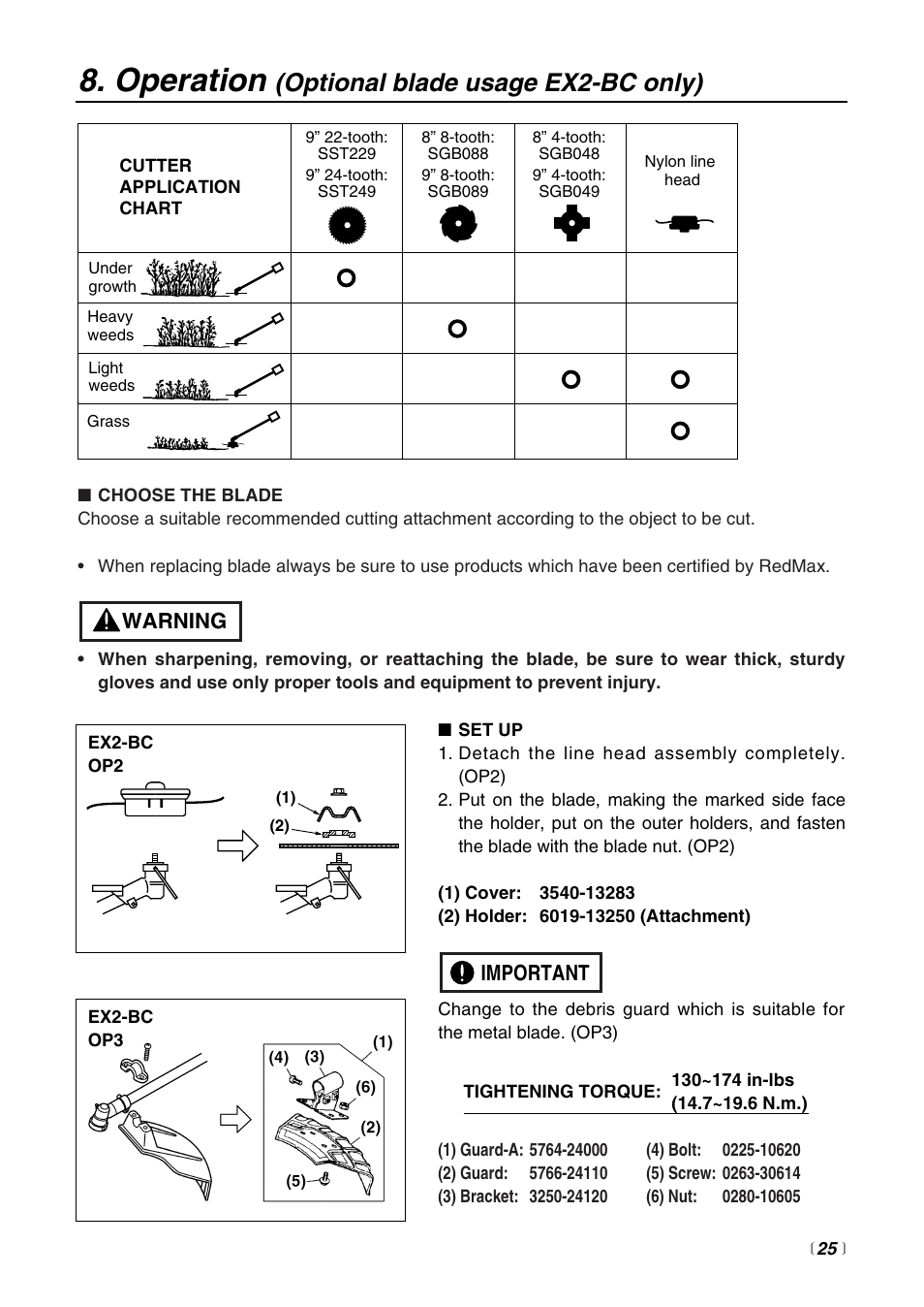 Operation, Optional blade usage ex2-bc only), Important | Warning | RedMax EXZ2401S-BC User Manual | Page 25 / 60