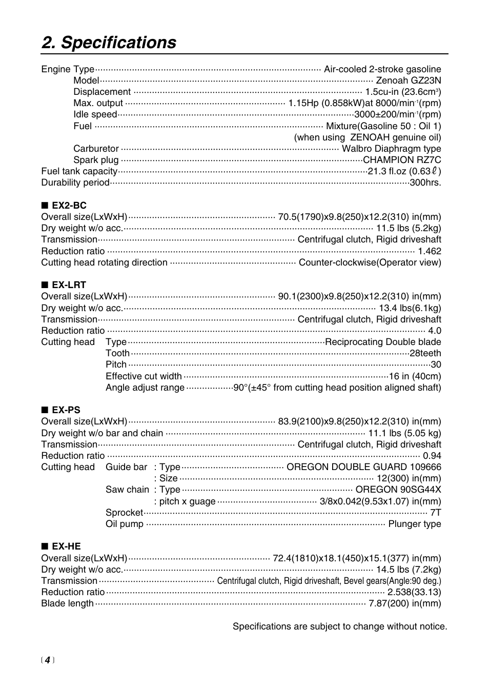 Specifications | RedMax EXZ2401S-BC User Manual | Page 4 / 60