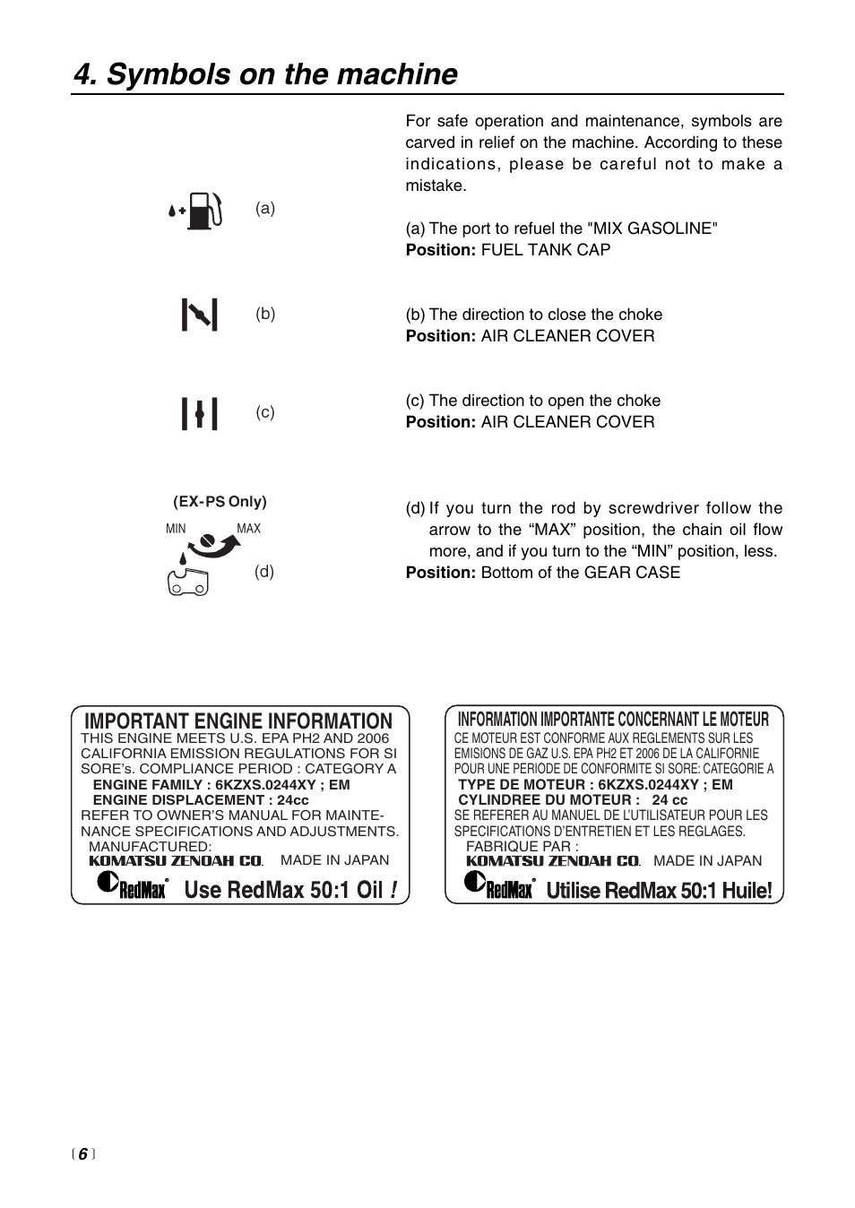 Symbols on the machine, Important engine information | RedMax EXZ2401S-BC User Manual | Page 6 / 60