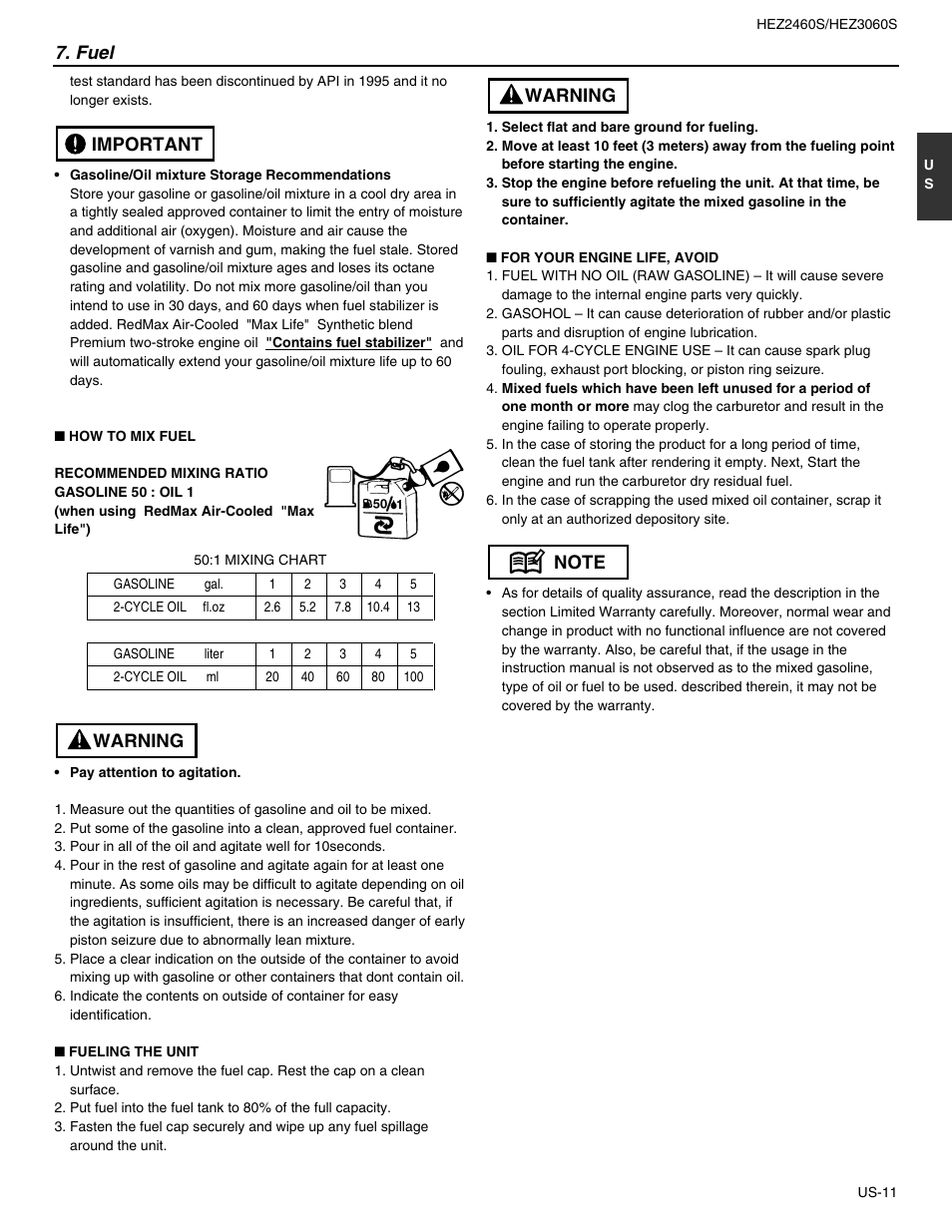 Fuel, Warning important | RedMax HEZ2460S User Manual | Page 11 / 20