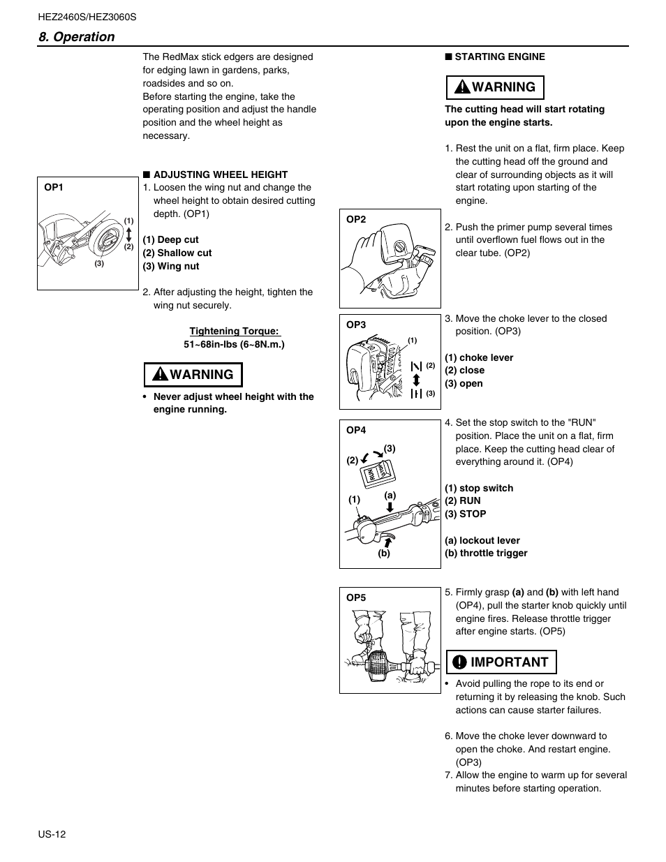 Operation, Warning, Important warning | RedMax HEZ2460S User Manual | Page 12 / 20