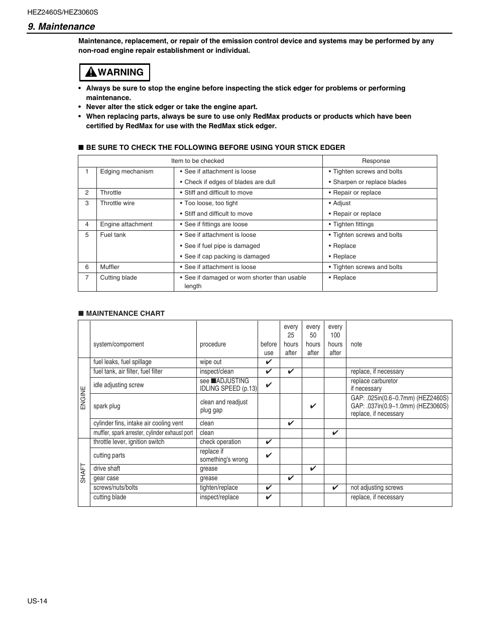 Maintenance, Warning | RedMax HEZ2460S User Manual | Page 14 / 20