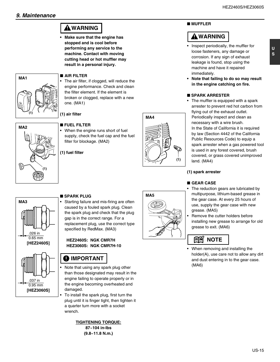 Important warning, Maintenance | RedMax HEZ2460S User Manual | Page 15 / 20