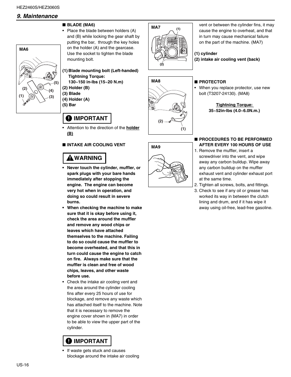 Maintenance, Important warning important | RedMax HEZ2460S User Manual | Page 16 / 20