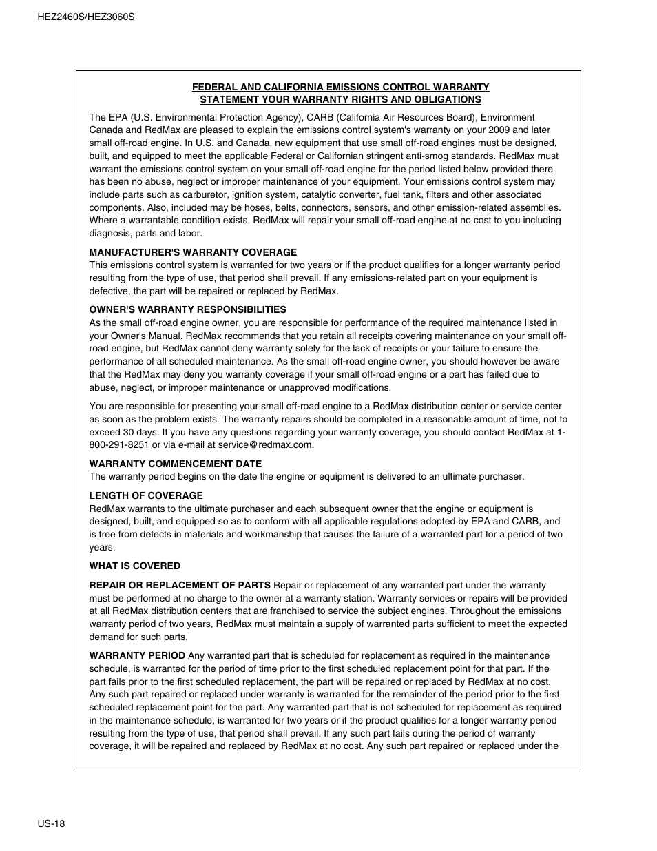 Federal and california emissions control warr | RedMax HEZ2460S User Manual | Page 18 / 20