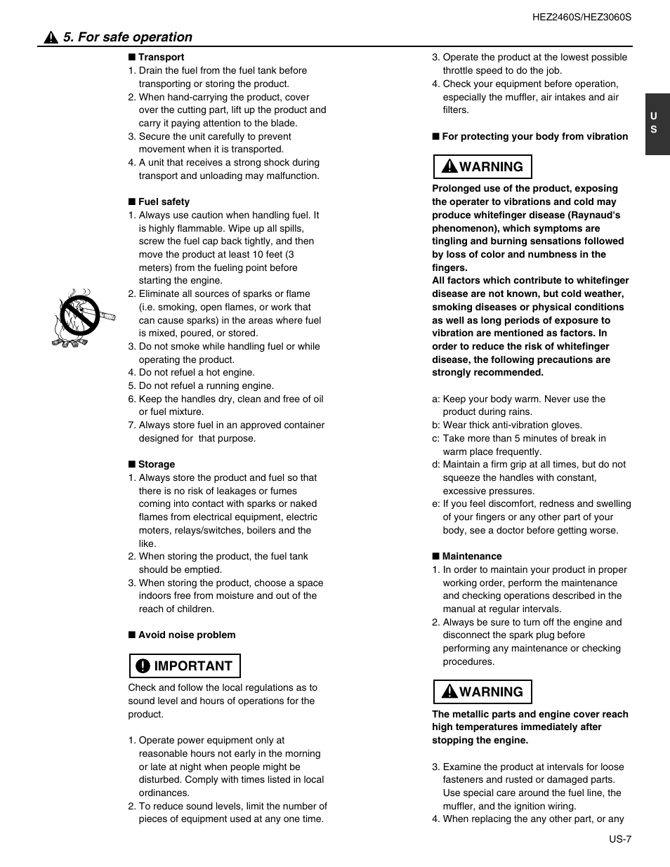 For safe operation, Important, Warning | RedMax HEZ2460S User Manual | Page 7 / 20