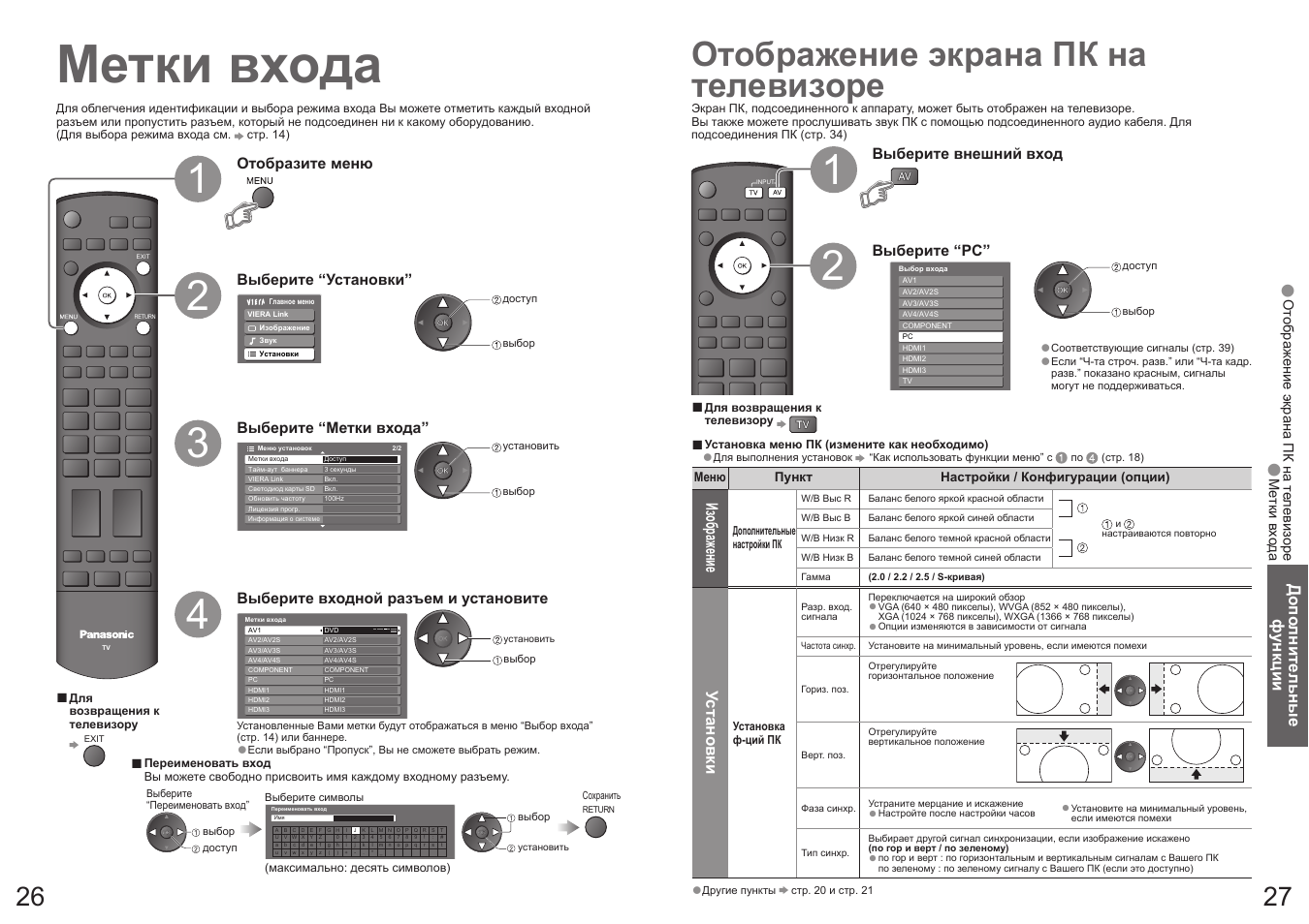 Метки входа, Отображение экрана пк на телевизоре | Panasonic TH-R42PV700 User Manual | Page 14 / 22