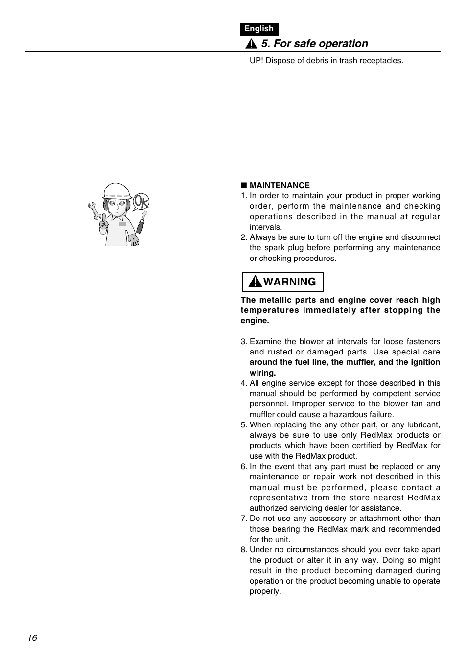 Warning 5. for safe operation | RedMax HBZ2601 User Manual | Page 16 / 56