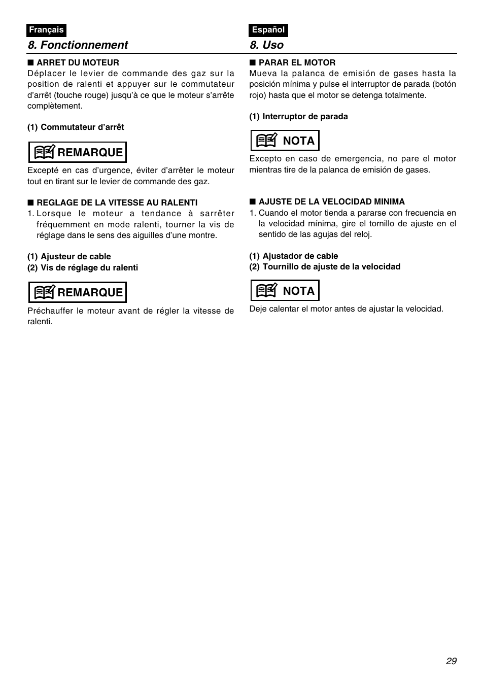 Fonctionnement 8. uso, Remarque, Nota | RedMax HBZ2601 User Manual | Page 29 / 56