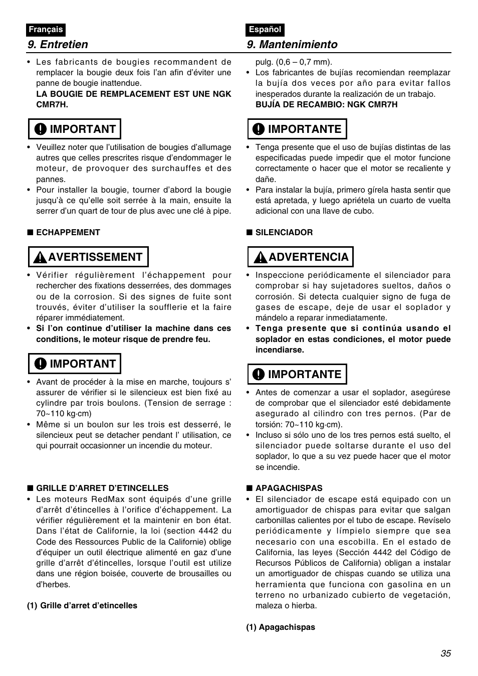 Entretien 9. mantenimiento, Important avertissement important, Importante advertencia importante | RedMax HBZ2601 User Manual | Page 35 / 56