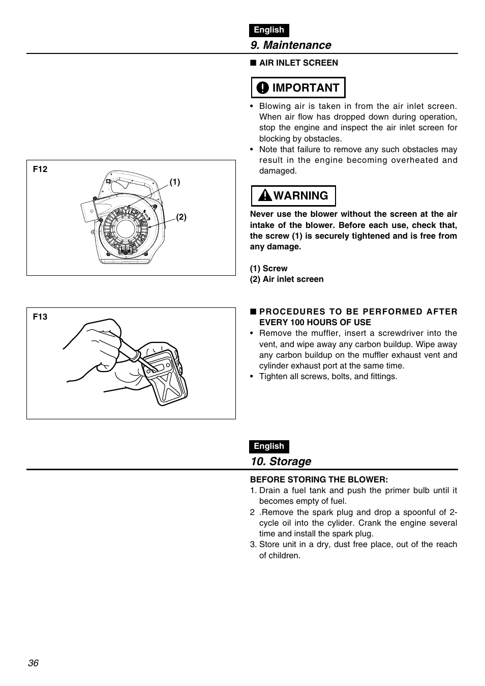 Maintenance, Warning important, Storage | RedMax HBZ2601 User Manual | Page 36 / 56