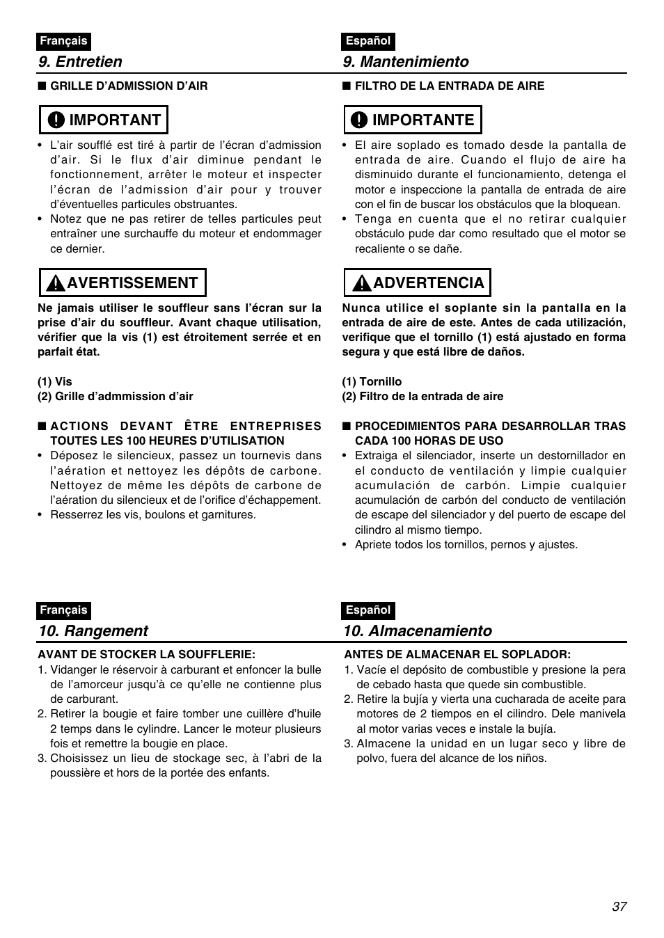 Entretien 9. mantenimiento, Avertissement important, Advertencia importante | Rangement 10. almacenamiento | RedMax HBZ2601 User Manual | Page 37 / 56