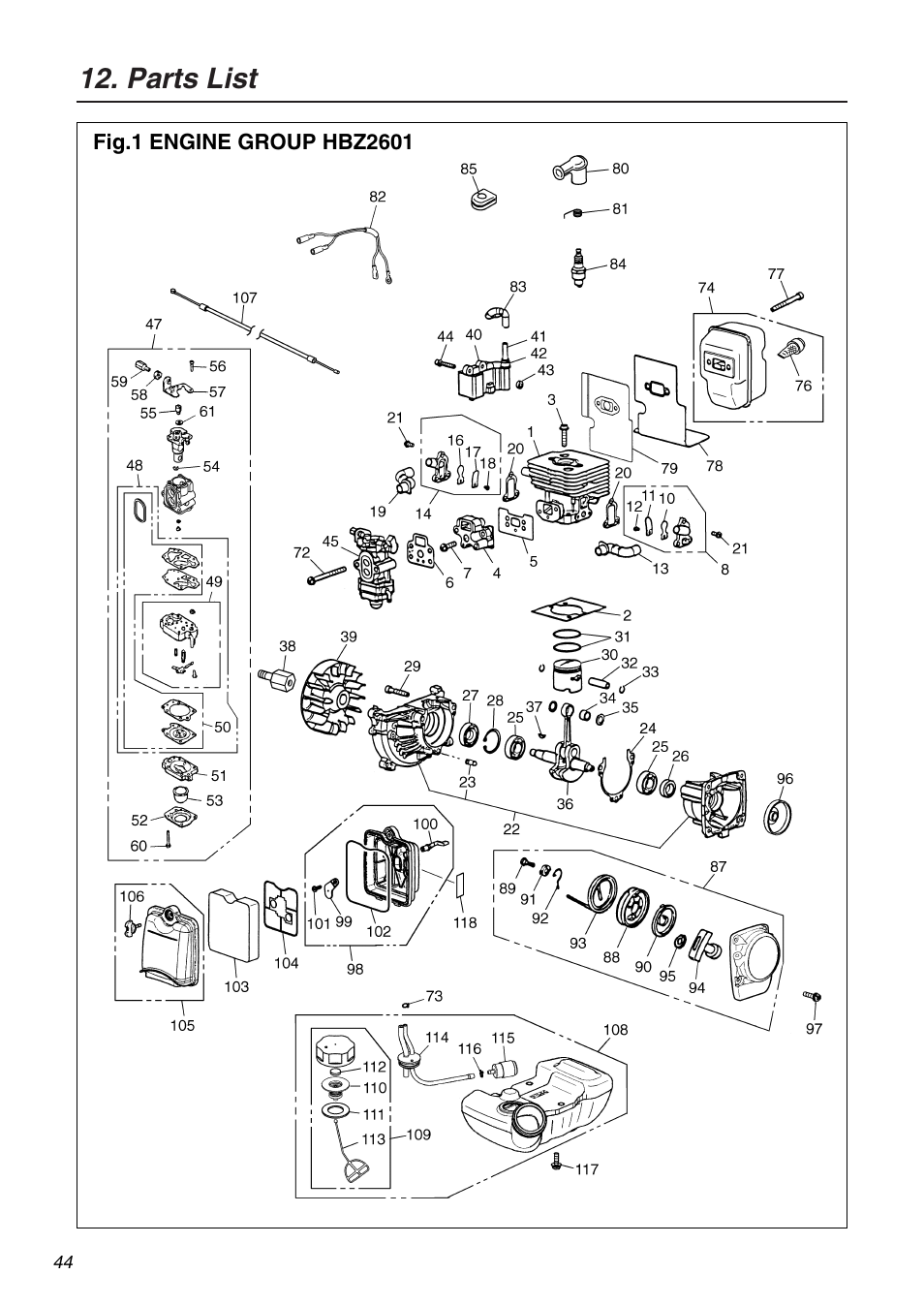 Parts list | RedMax HBZ2601 User Manual | Page 44 / 56