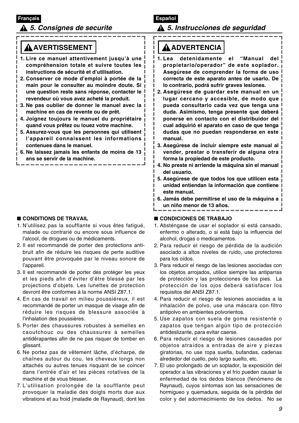 Advertencia, Avertissement | RedMax HBZ2601 User Manual | Page 9 / 56