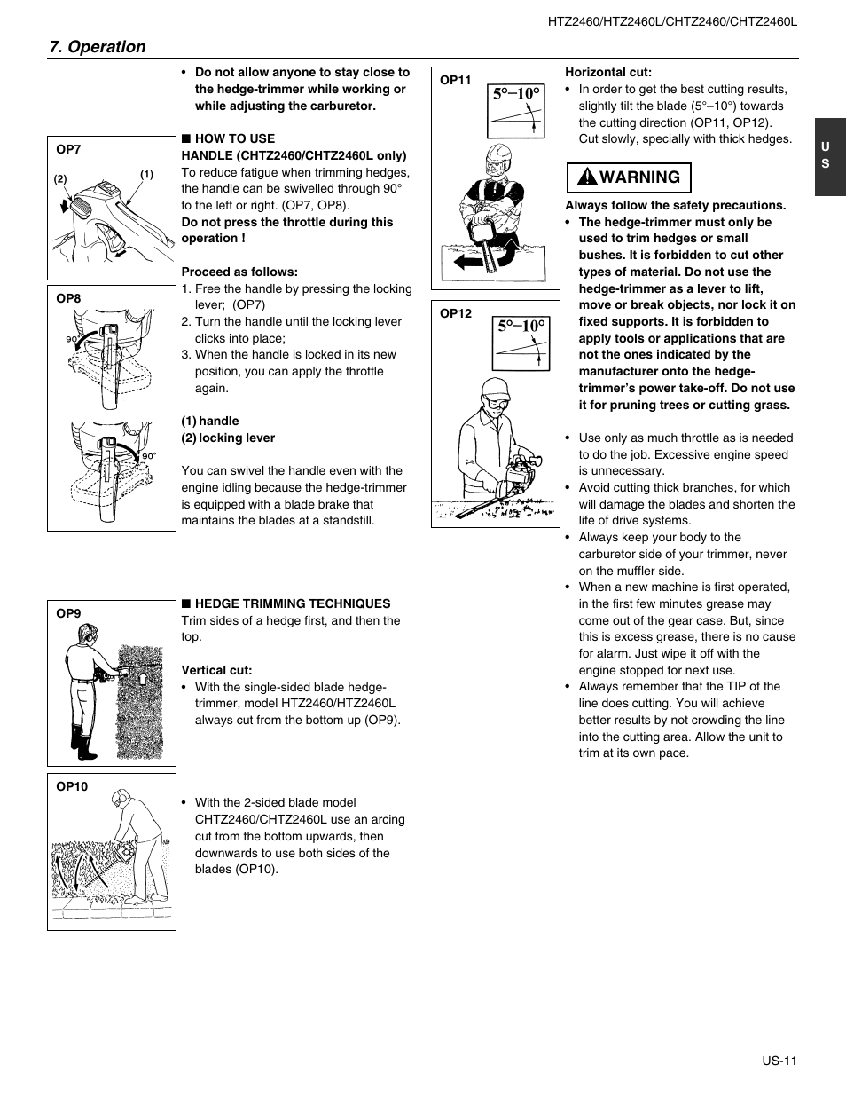 Operation, Warning | RedMax HTZ2460L User Manual | Page 11 / 17