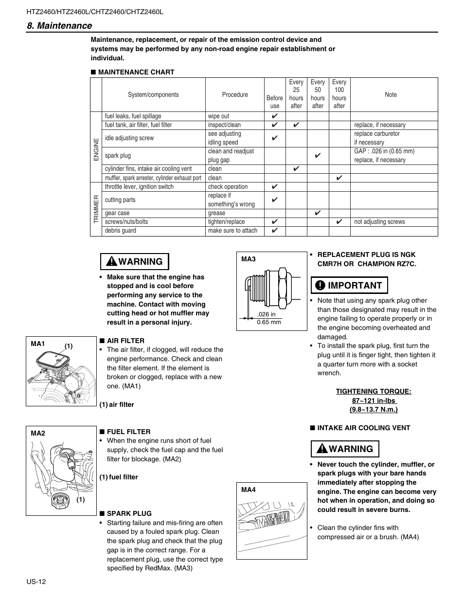 Maintenance, Warning important, Warning | RedMax HTZ2460L User Manual | Page 12 / 17