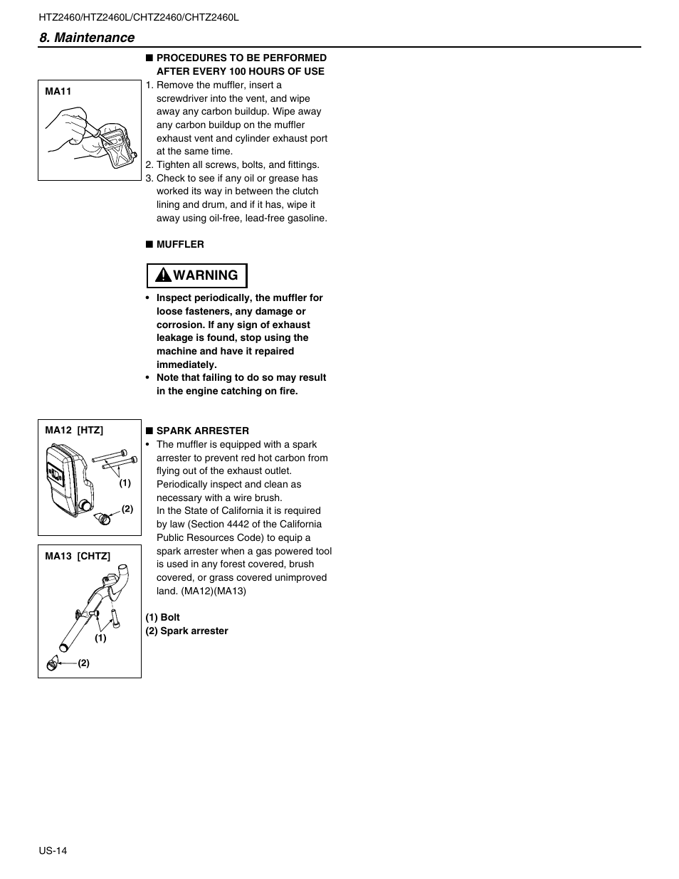 Maintenance, Warning | RedMax HTZ2460L User Manual | Page 14 / 17