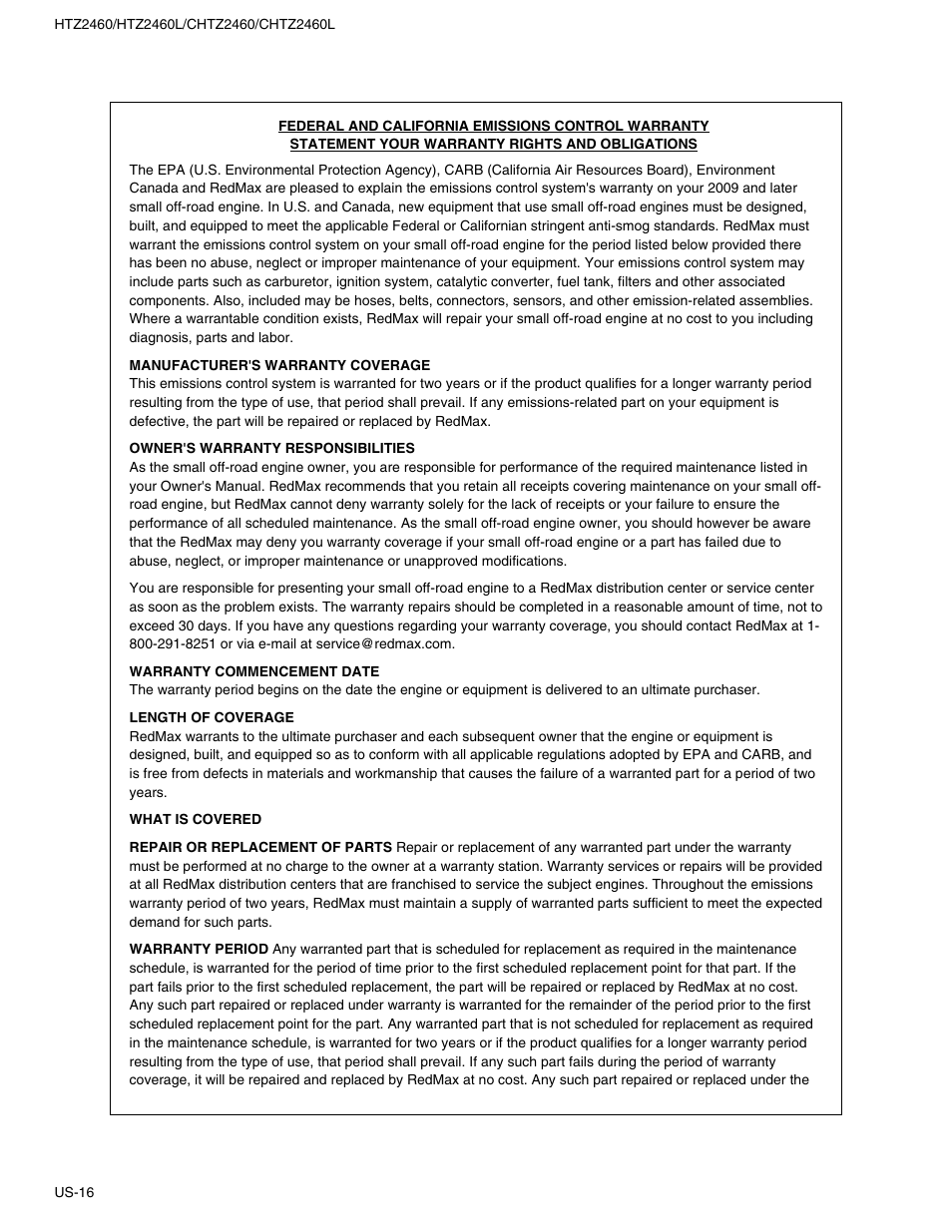 Federal and california emissions control warranty | RedMax HTZ2460L User Manual | Page 16 / 17