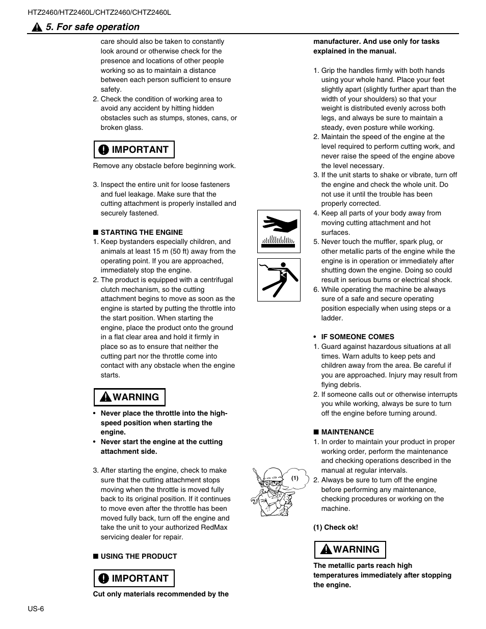 Important warning important, For safe operation, Warning | RedMax HTZ2460L User Manual | Page 6 / 17