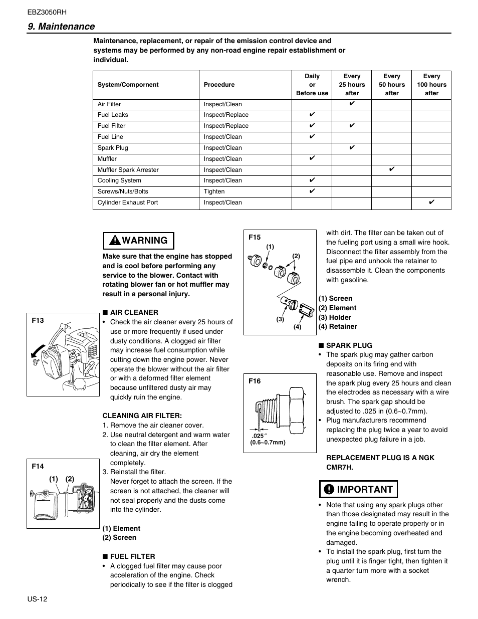 Maintenance, Warning, Important | RedMax EBZ3050RH User Manual | Page 12 / 16
