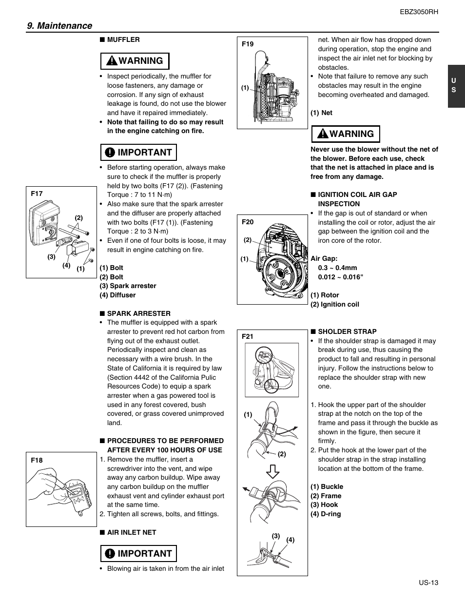 Important, Important warning 9. maintenance, Warning | RedMax EBZ3050RH User Manual | Page 13 / 16