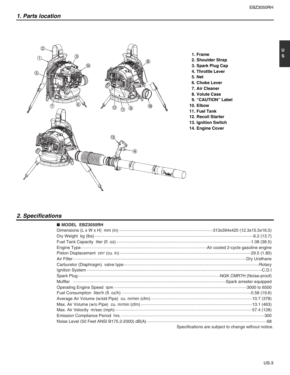 Parts location, Specifications | RedMax EBZ3050RH User Manual | Page 3 / 16