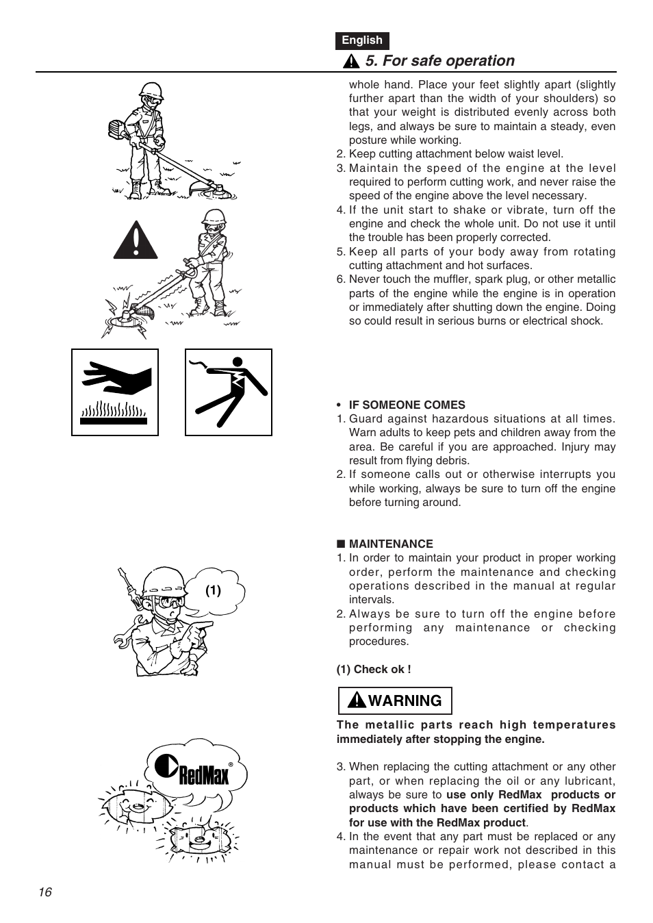 Warning 5. for safe operation | RedMax EXZ2401S-PH User Manual | Page 16 / 112