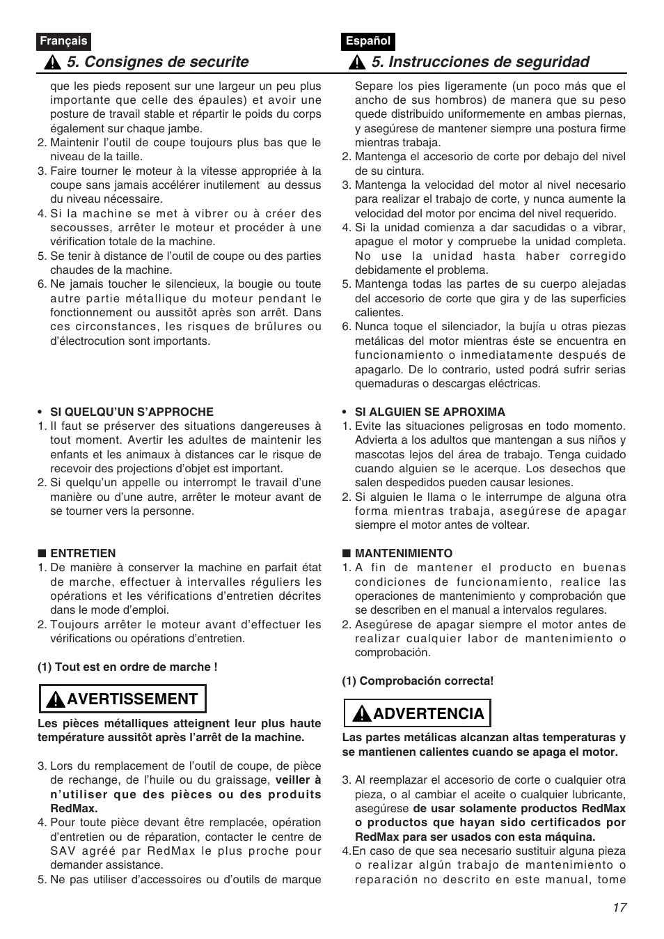 Avertissement | RedMax EXZ2401S-PH User Manual | Page 17 / 112