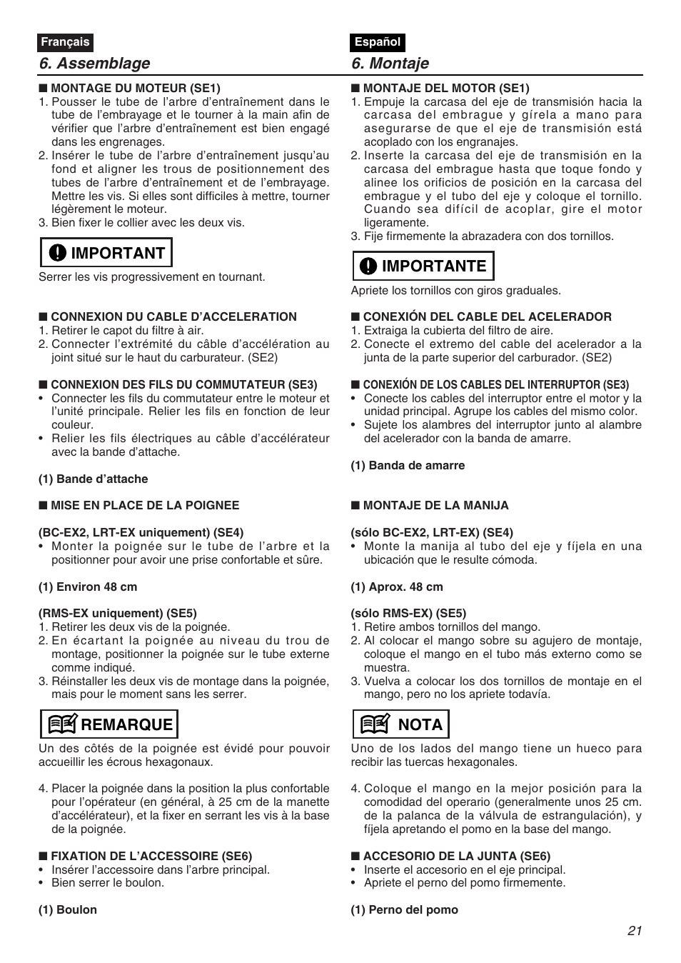 Assemblage 6. montaje, Remarque important, Nota importante | RedMax EXZ2401S-PH User Manual | Page 21 / 112