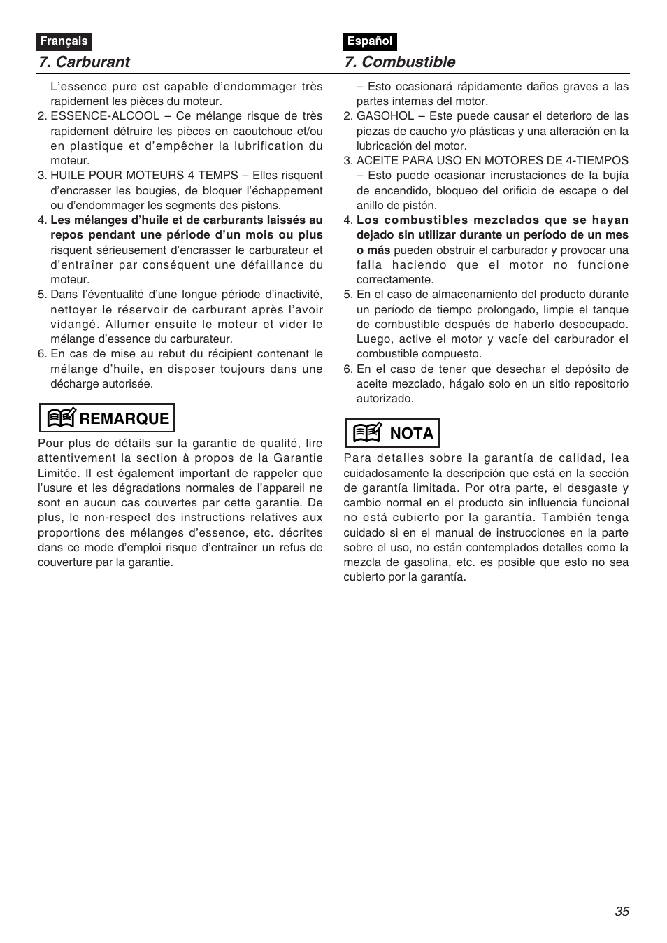 Remarque, Nota 7. carburant 7. combustible | RedMax EXZ2401S-PH User Manual | Page 35 / 112
