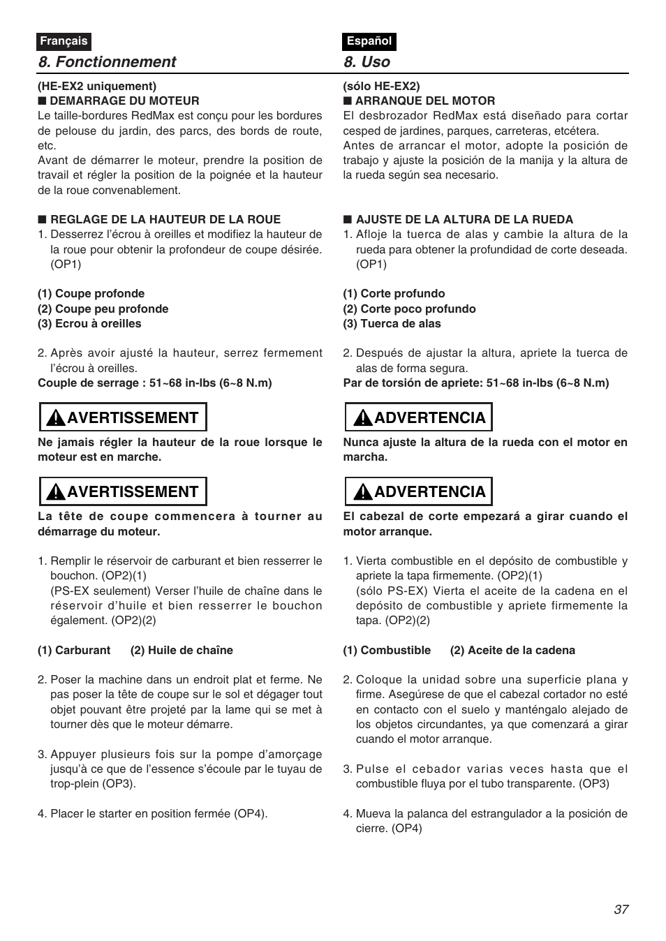 Fonctionnement 8. uso, Avertissement, Advertencia | RedMax EXZ2401S-PH User Manual | Page 37 / 112