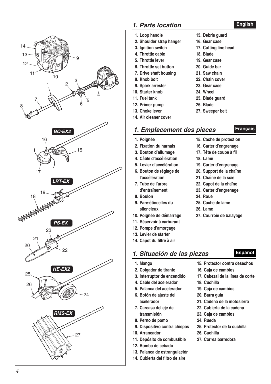 Parts location 1. situación de las piezas, Emplacement des pieces | RedMax EXZ2401S-PH User Manual | Page 4 / 112