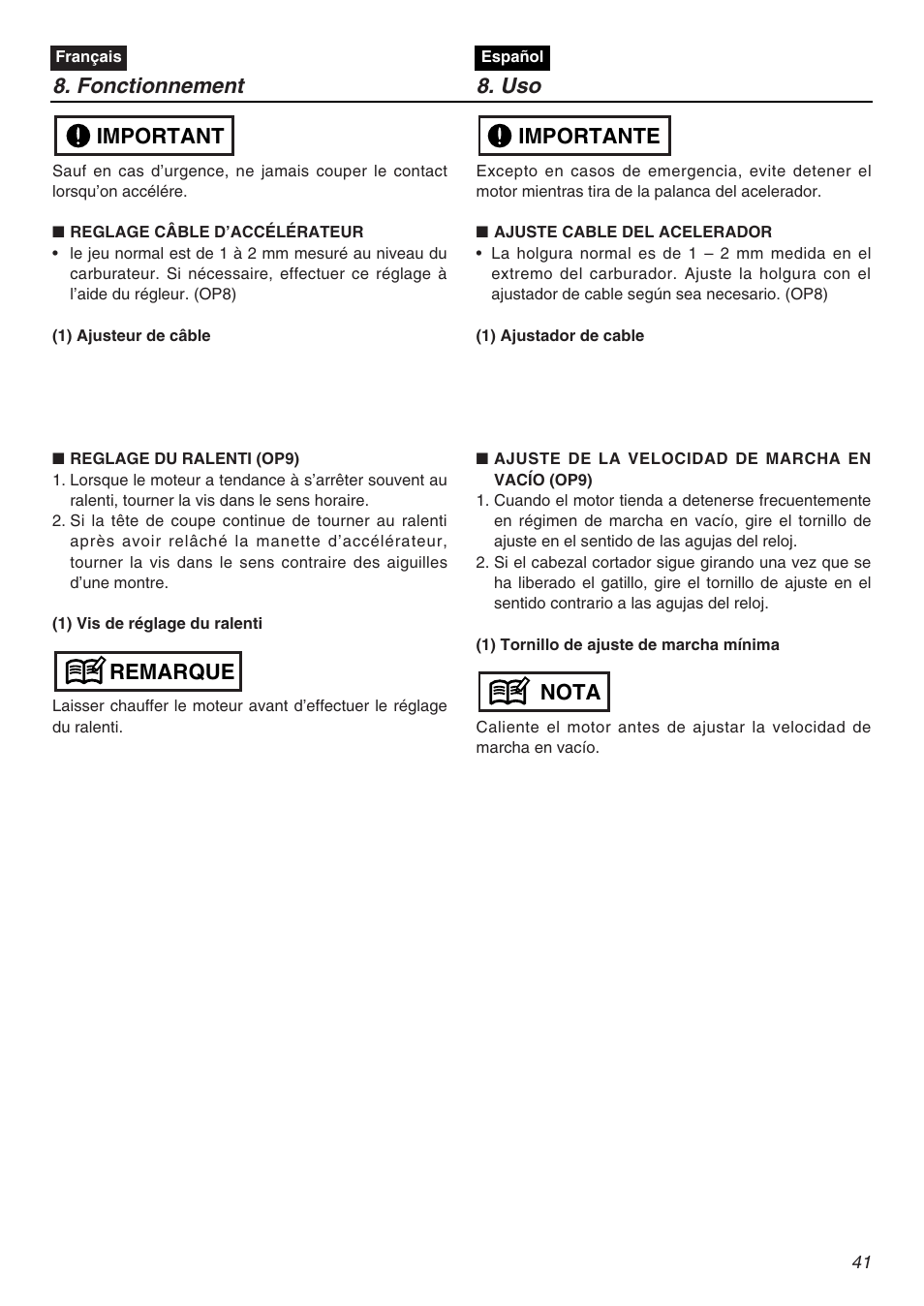 Fonctionnement 8. uso, Nota importante, Remarque important | RedMax EXZ2401S-PH User Manual | Page 41 / 112