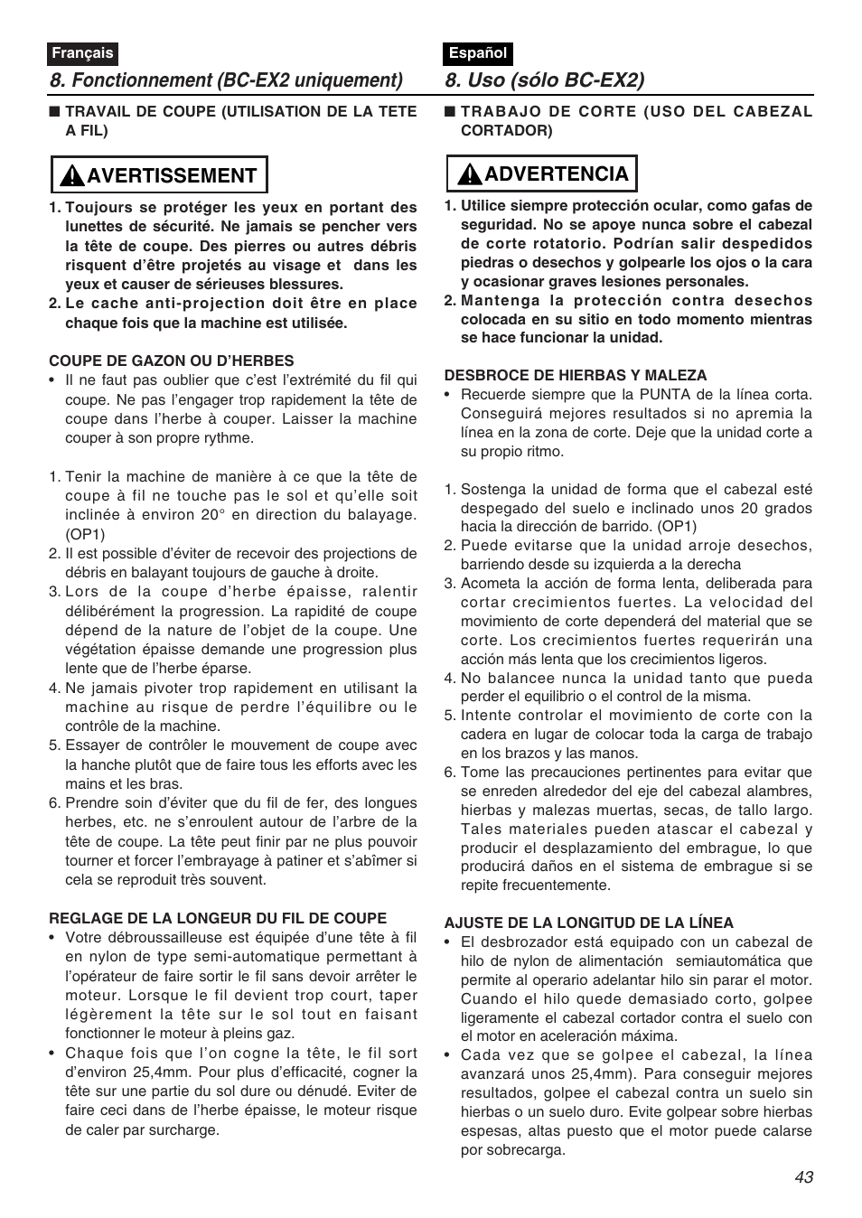 Advertencia, Avertissement | RedMax EXZ2401S-PH User Manual | Page 43 / 112