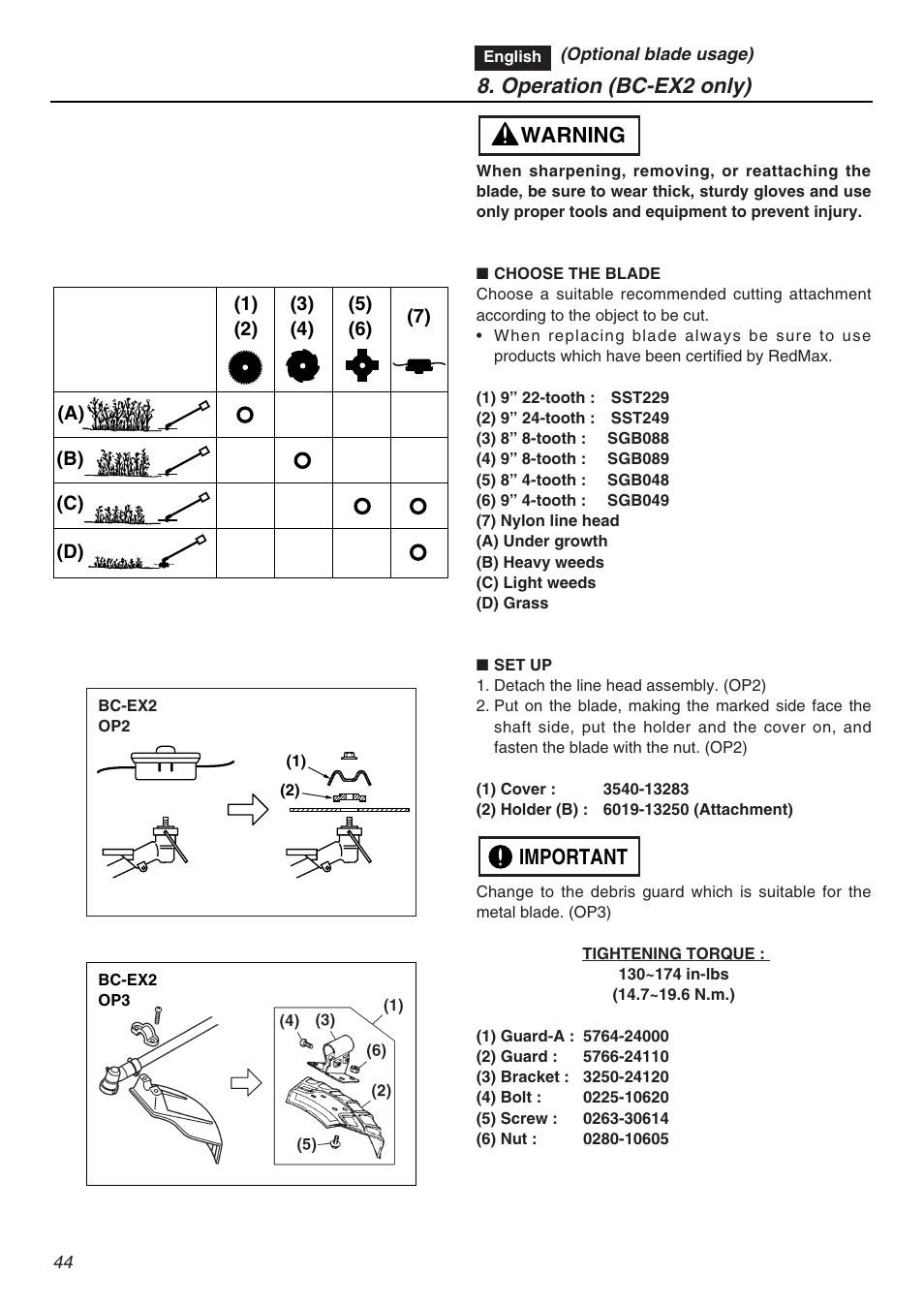 Operation (bc-ex2 only), Important warning | RedMax EXZ2401S-PH User Manual | Page 44 / 112