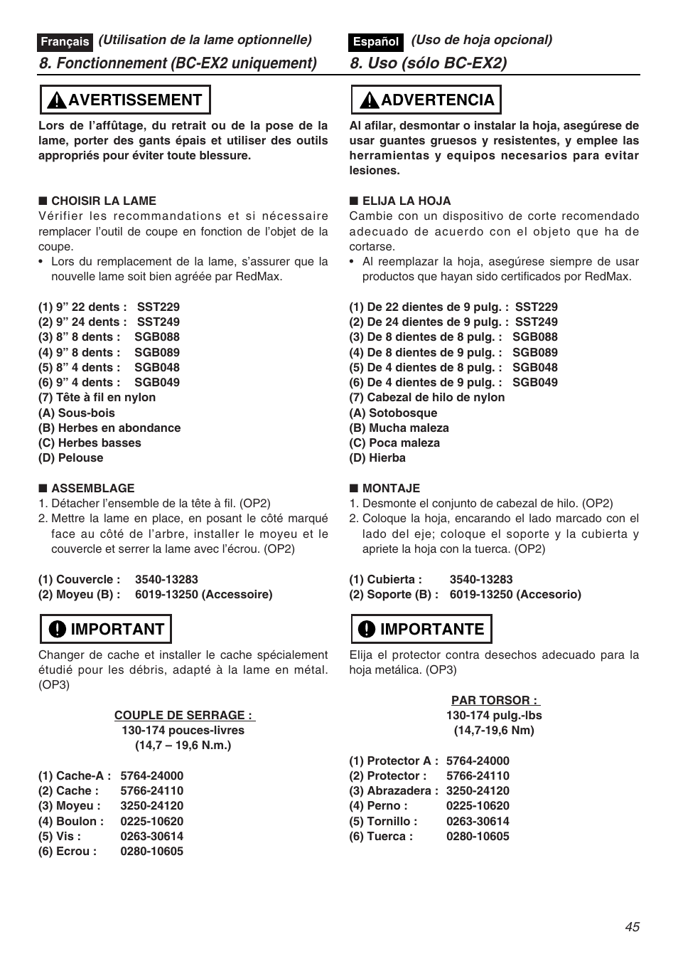 Important avertissement | RedMax EXZ2401S-PH User Manual | Page 45 / 112